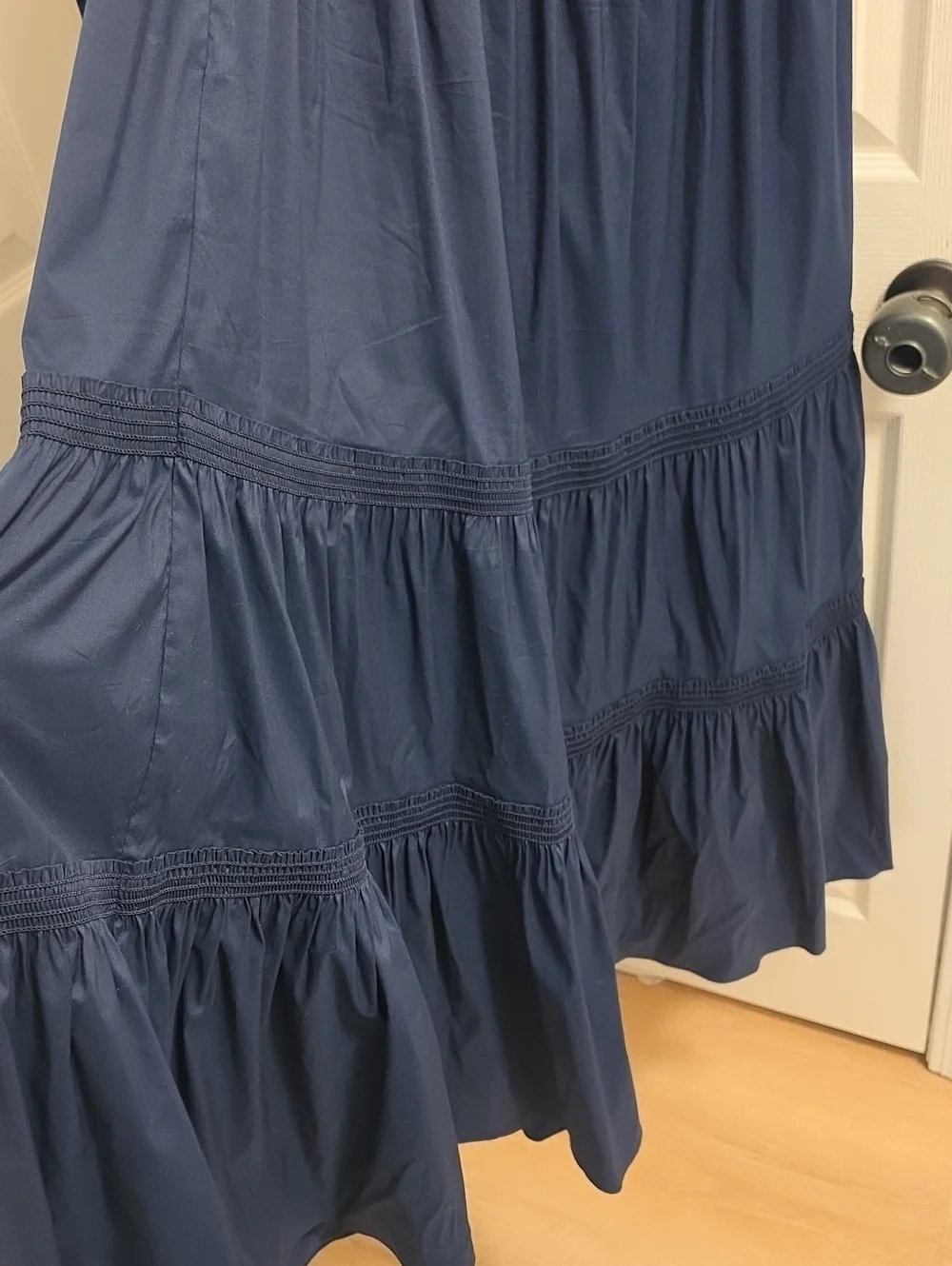 Tory Burch XL Midnight Blue Puff-Sleeve Tiered Maxi Dress Smocked Bodice